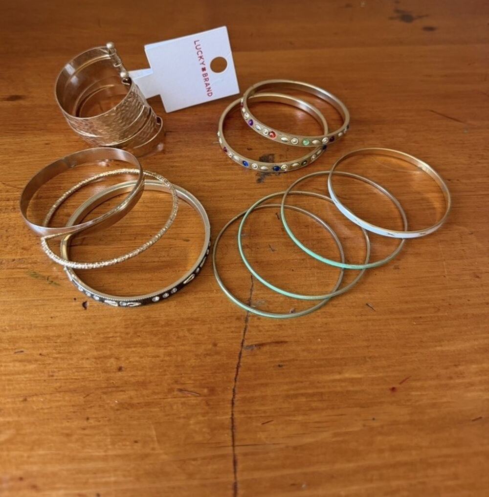 Gold Tone Bangle Bracelet Bundle Lucky Brand Rhinestone Stack Mixed Lot
